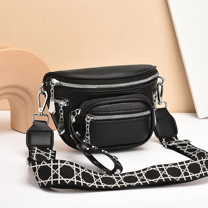 Luxury Multi-pocket 100% cowhide Crossbody Bags For Women Black Shoulder Messenger Handbags Small Chest Bag Travel Saddle bag
