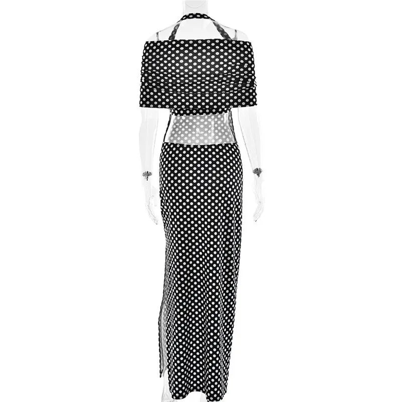 Mozision Off-shoulder Polka Dot Maxi Dress For Women Gown Fashion Halter Sleeveless Backless bodycon Split Long Dress Elegant