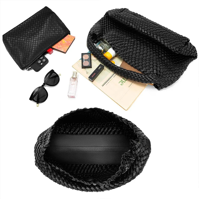 Woven Tote Bag for Women Large Woven Handbag Soft Leather Shoulder Bag Work Shopper Summer Beach Travel Tote Bag with Purse