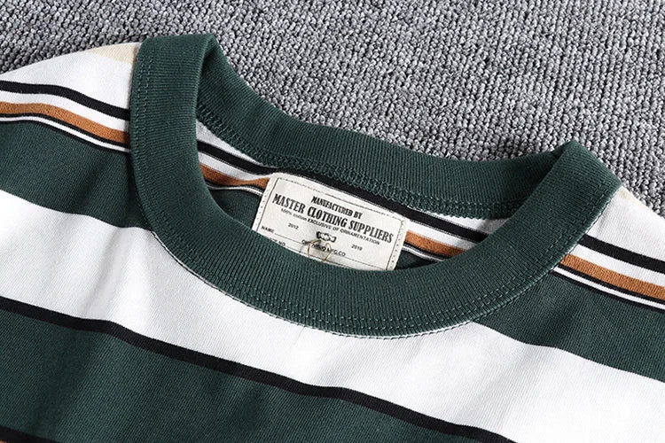 Summer Splicing Pure Cotton Stripe Short Sleeve T-shirt Streetwear Amekaji Heavyweight Casual Male Round Neck Tshirt Tops Tee