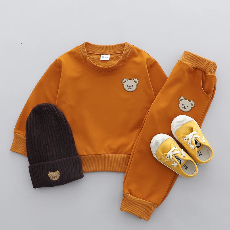 2PCS Children's Set Spring and Autumn Simple Little Bear Head Round Neck Long Sleeve Pants Outdoor Set for Young Children