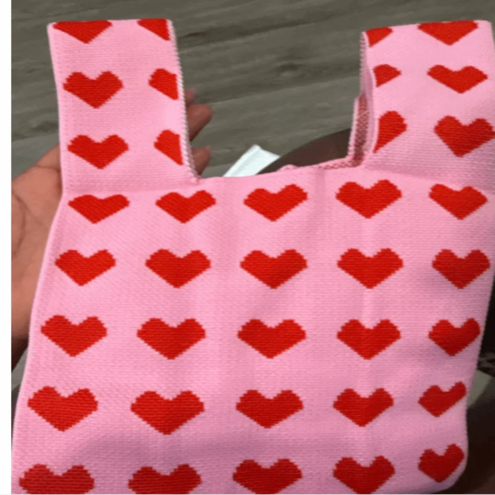 Large Capacity Knit Handbag Women Girls Knot Wrist Bag Reusable Mini Heart Tote Bag Handmade Portable Shopping Bags