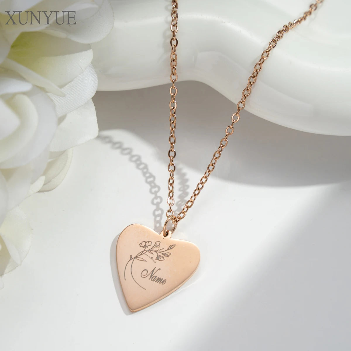 Customized  Heart Stainless Steel Necklace Creative DIY Engraving Name  Birthday Month Flower Pendant Personalized Accessories