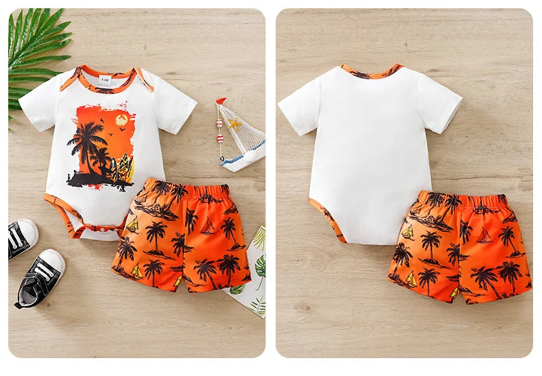 Baby Set Triangle Jumpsuit and Shorts 2PCS Holiday Coconut Tree Seaside 0-18 Months Newborn Knitted Toddler Comfortable Trendy