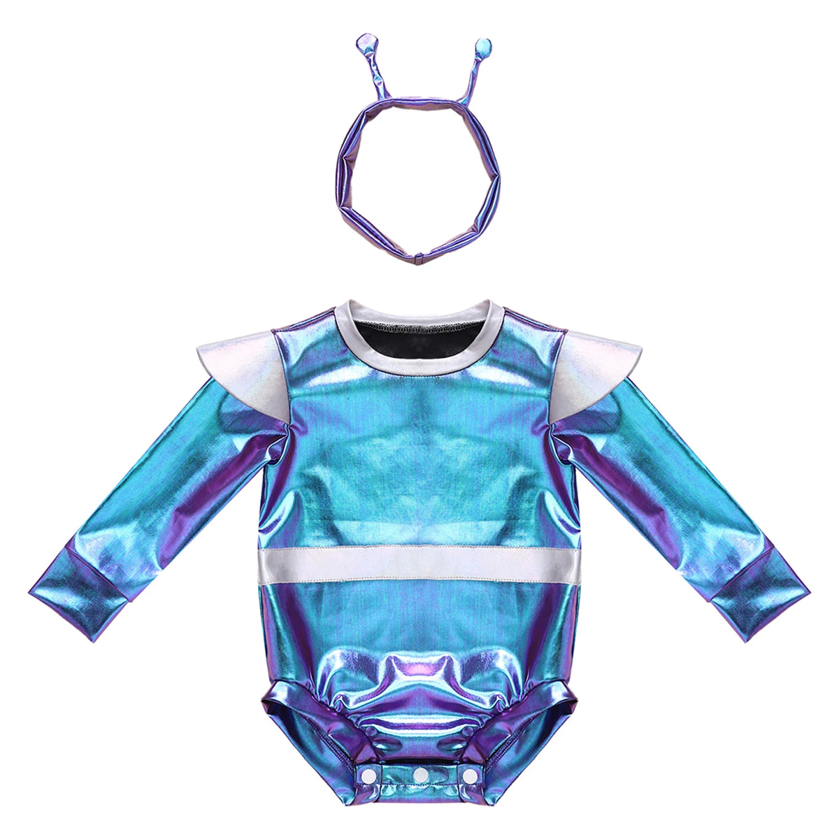 Toddler Boys Girls Metallic Alien Dress-up Costume Jumpsuit Halloween Outer Space Party Cap Sleeve Shiny Romper for Photography
