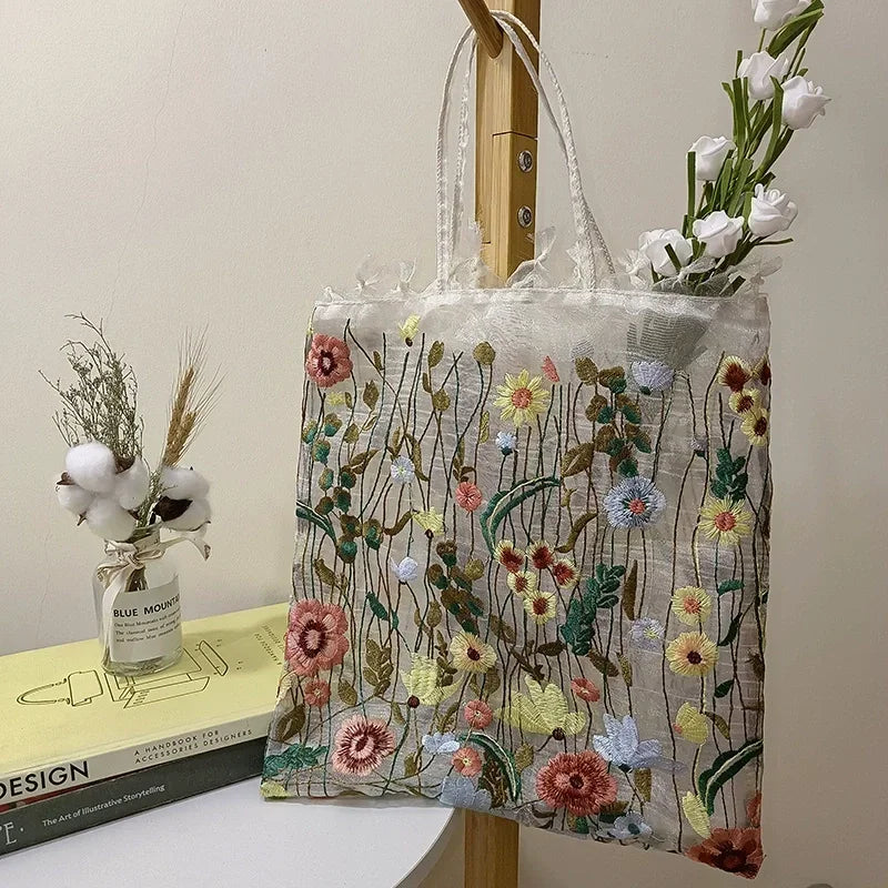1Pc Fashion Tote Summer New Style Mesh Full Embroidery Flowers Clear Shoulder Bag Romantic Handbag Women's Eco Shopping Bag 2025