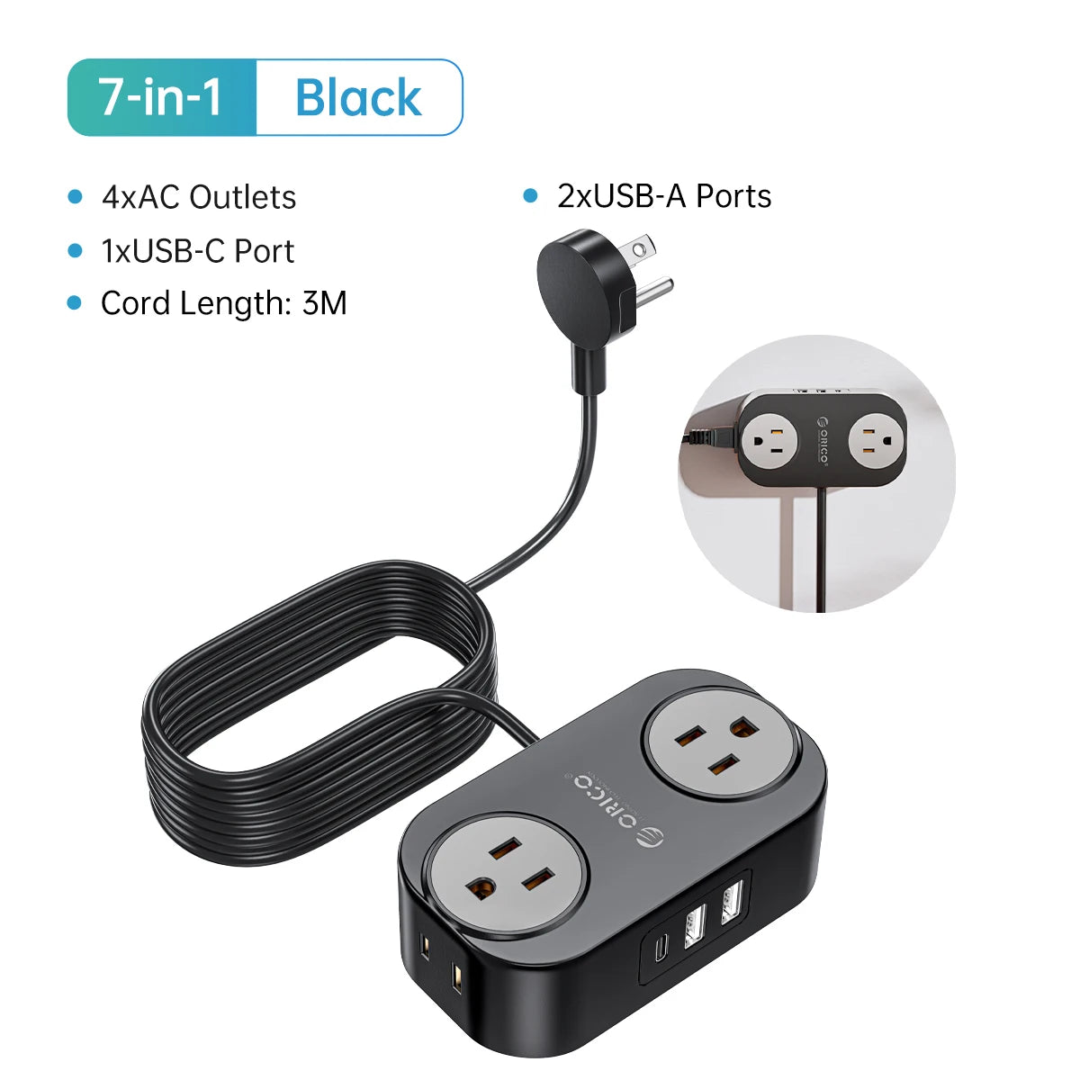 ORICO Travel Power Strip with USB C AC Outlets 3 USB Ports Wrapped Flat Plug Extension Cord with Multiple Outlets for Travel