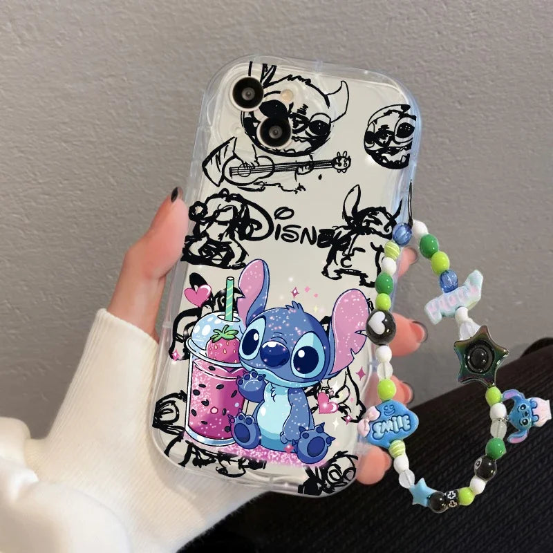 Cartoon Cute Stitch Wrist Strap Lanyard Case For iPhone 16 11 15 12 Pro Max 13 Mini 14 Plus 16e 7 8 Plus XR SE Shockproof Cover