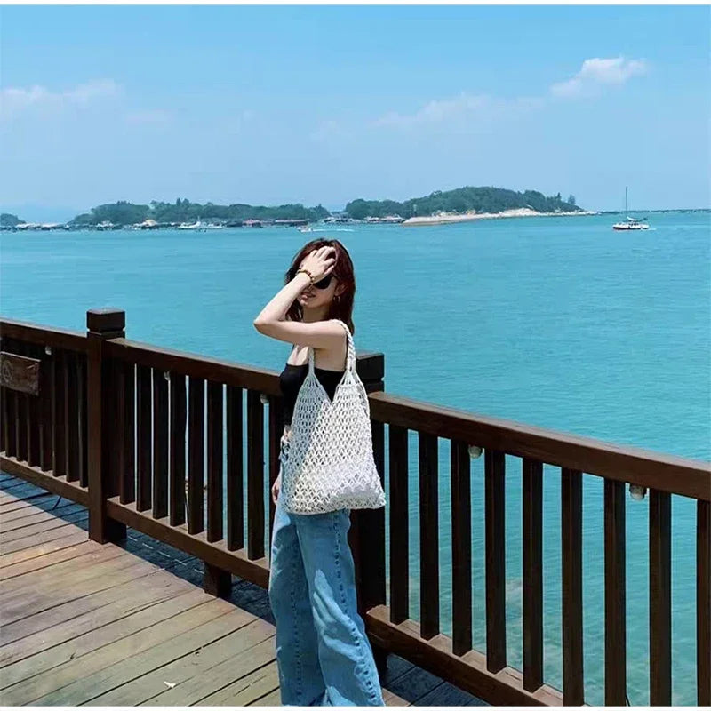 Fashion Crochet Bags for Women Summer Beach Tote Bag Raffia Aesthetic Totes Straw Handbag Bohemian Boho Woven Knit Shoulder Bag