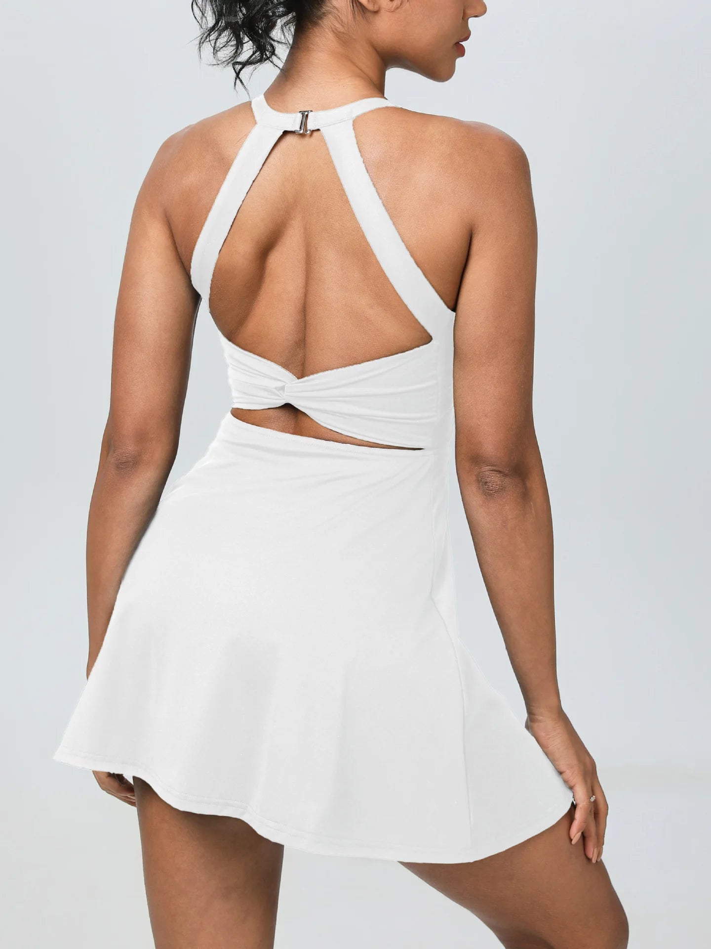 Summer Women Sexy Backless Tennis Dress Sleeveless A-lined Athletic Dress Built-in Bra & Shorts Ladies Elastic Workout Skirts