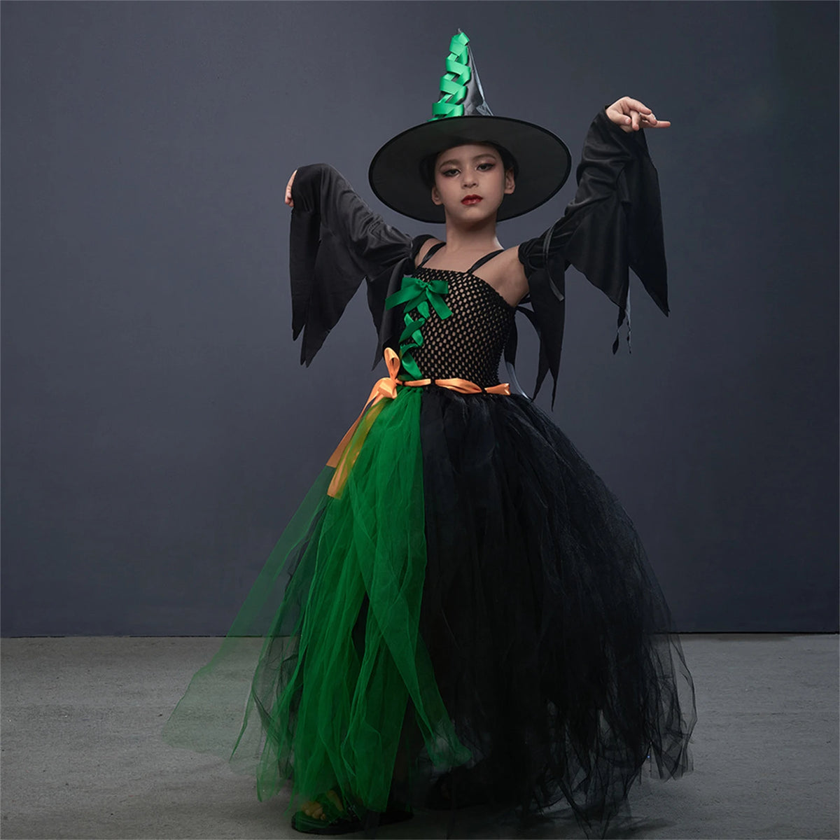 Halloween Witch Costume For Girls Kids Long Veil Dress Princess Dress Birthday Party Dress Stage Performance Dress