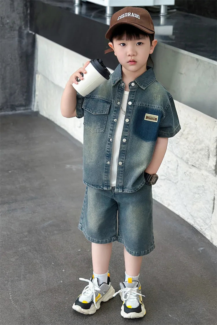 2025 Trendy Boys' Denim Set Vintage Wash Short Sleeve Shirt & Shorts 2-Piece Summer Outfit