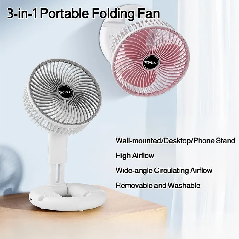 3-in-1 Telescopic Cool Fan USB Charing Folding Desktop Circulator 3-Speed No-Drill Wall Mount Electric Fan for Dorm Home Office