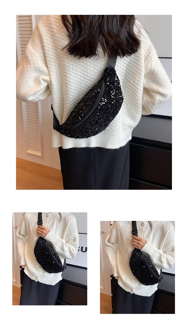 Light Luxury Zipper Fashion Women's Crossbody Bags New Best-selling Sweet Sequin Design Ladies Waist Packs Bolsas Femininas