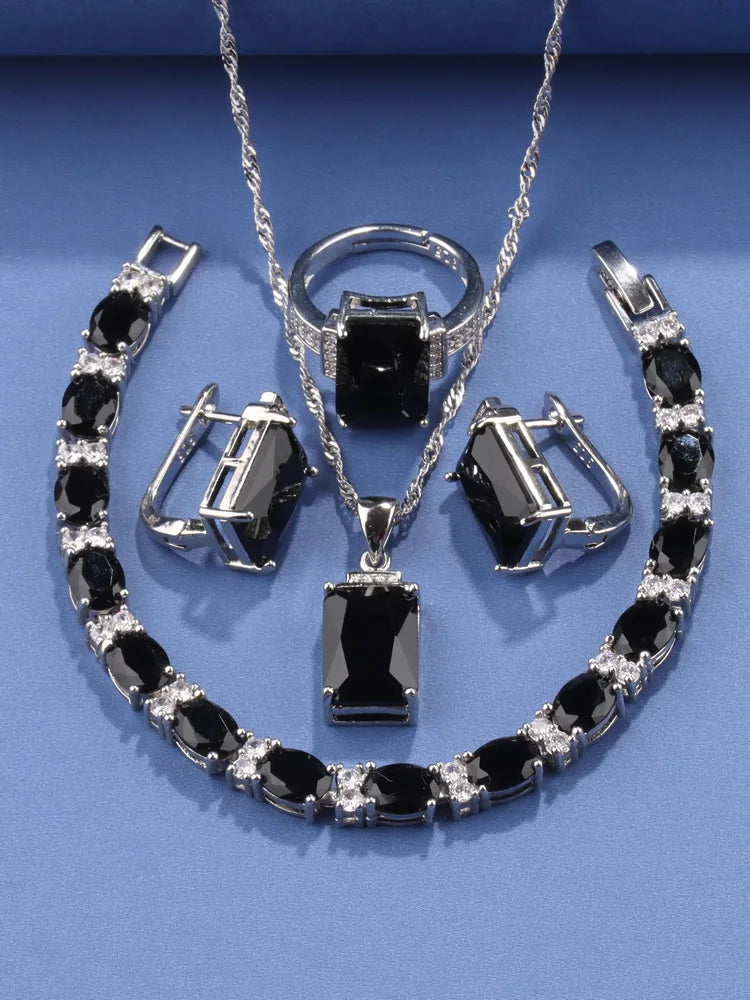 Rectangle 925 Silver Jewelry Accessory Fashion Vintage Original Set Of Earrings Women's Ring  Hand Bracelets Necklace Pendant