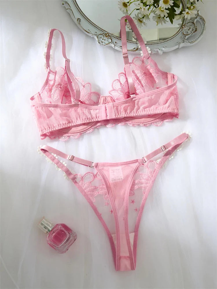 New Sexy Girl Lingerie Floral Embroidery Lingerie Set Pink Fantasy Underwear Ultra Thin Bra Panty Set Translucent Lace Lingerie