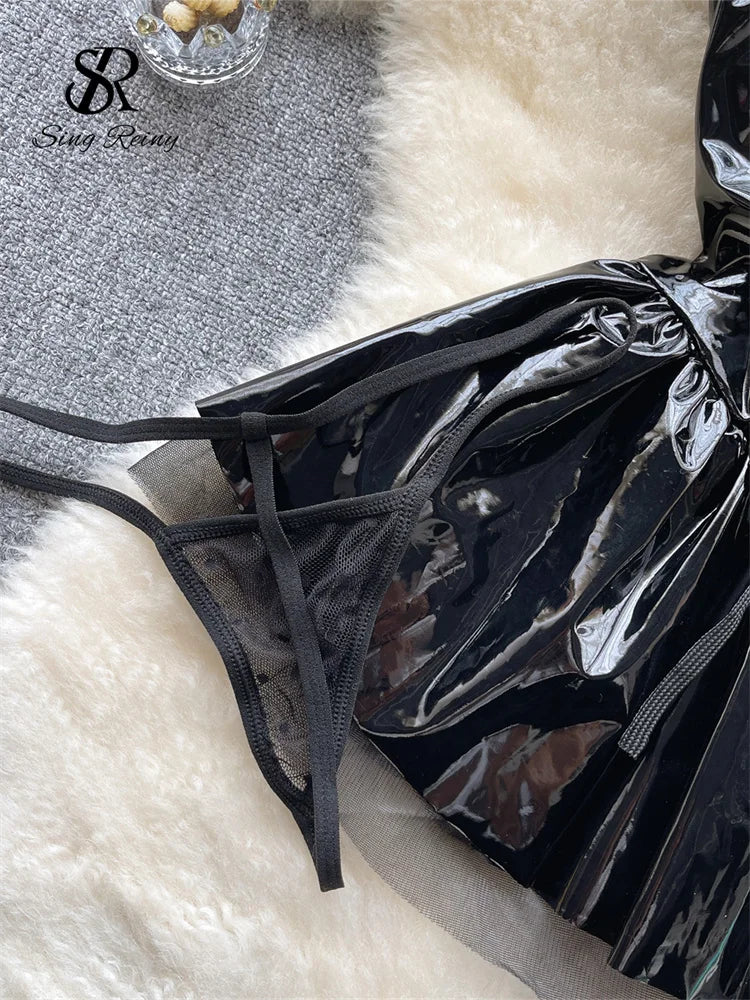 SINGREINY Women Pu Leather Sensual Dress Halter Lace Up A Line Sexy Nightdress+Thongs Sheer Backless Mini Porn Nightwear