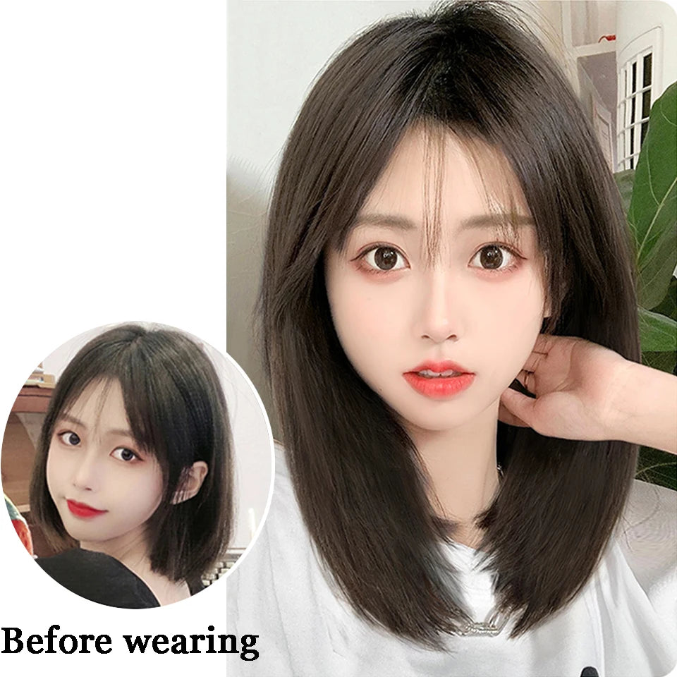 12Inch Synthetic V-shaped Layered 4 Clips Synthetic Long Straight Hair Extension Hairpiece Wig for Women