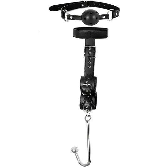 BDSM Bondage Kit Anal Hook, Neck to Wrist Behind Back Handcuffs Collar with Anal Trainer & Ball Gag, Bed Restraints SM Games Too