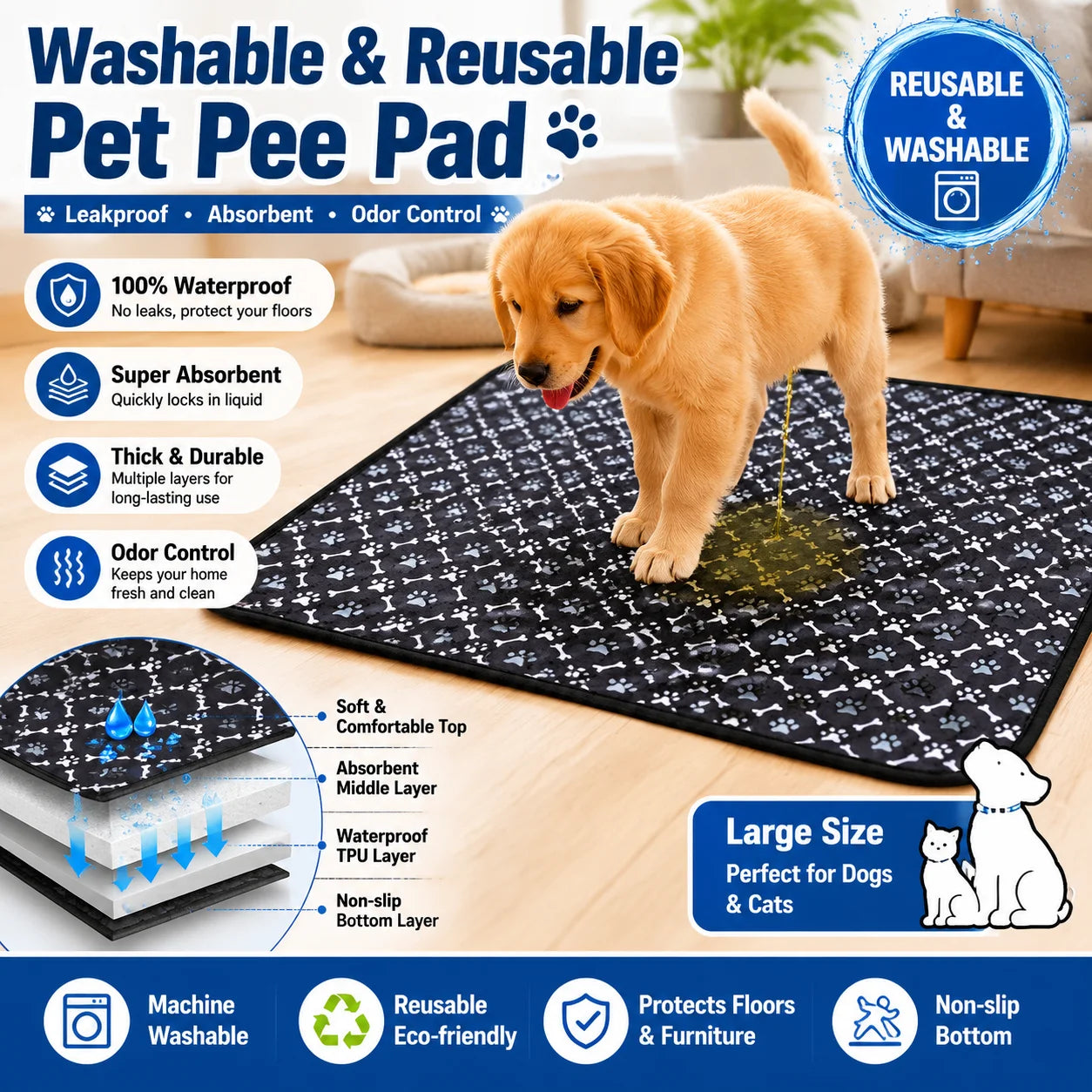 Dog Pee Pad Reusable Washable Waterproof Absorbent Urine Mat Covers Car Seat Floor Sofa Puppy Cat Training Diaper Pet Supplies
