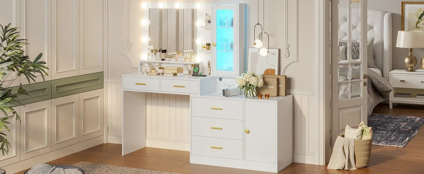 Vanity Desk, Makeup Vanity with Lights &amp; Charging Station and Ambient Light, Vanity Table with Dresser, Bedroom Furniture