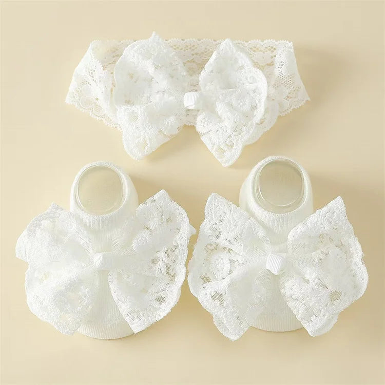 2Pcs Baby Girl Headband And Socks Set Princess Lace Bowknot Elastic Hair Band Anti-Slip Floor Socks for Newborns