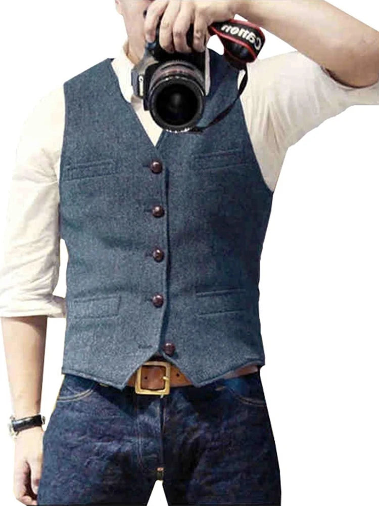Men's Suit Vest Military Green Single Breasted Blended  Men Vest Denim Jeans Waistcoat Jacket Slim Fit Casual Formal Business