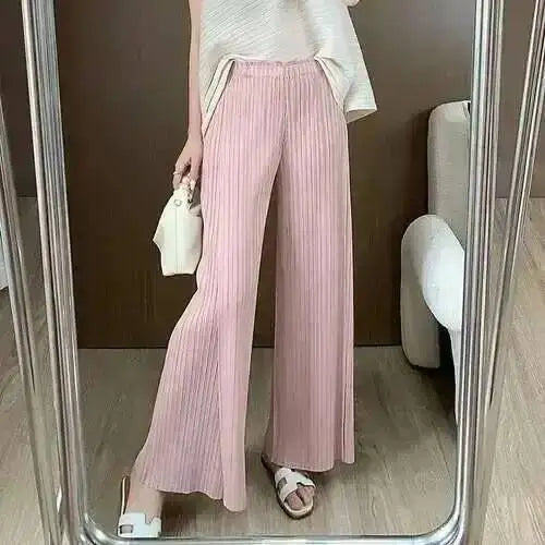 LANMREM patchwork design women's Pleated trousers elastic High Waisted Draped Straight Wide Leg Pants 2025 chic new 2DB3871