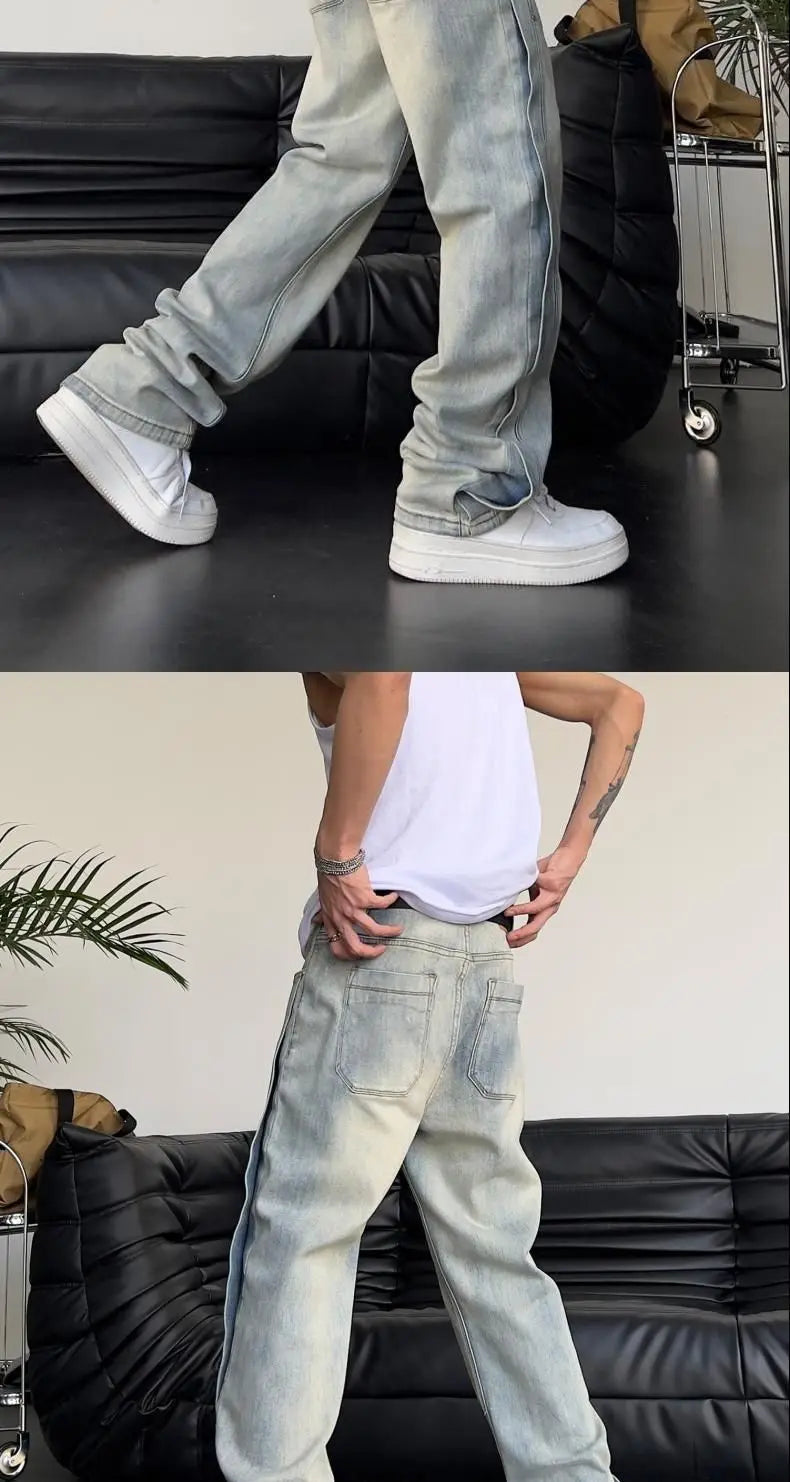 Jeans for Men Loose Light Blue Baggy Straight Man Cowboy Pants Punk Spliced Y2k Vintage Trousers 2025 Korean Autumn Trend Cotton