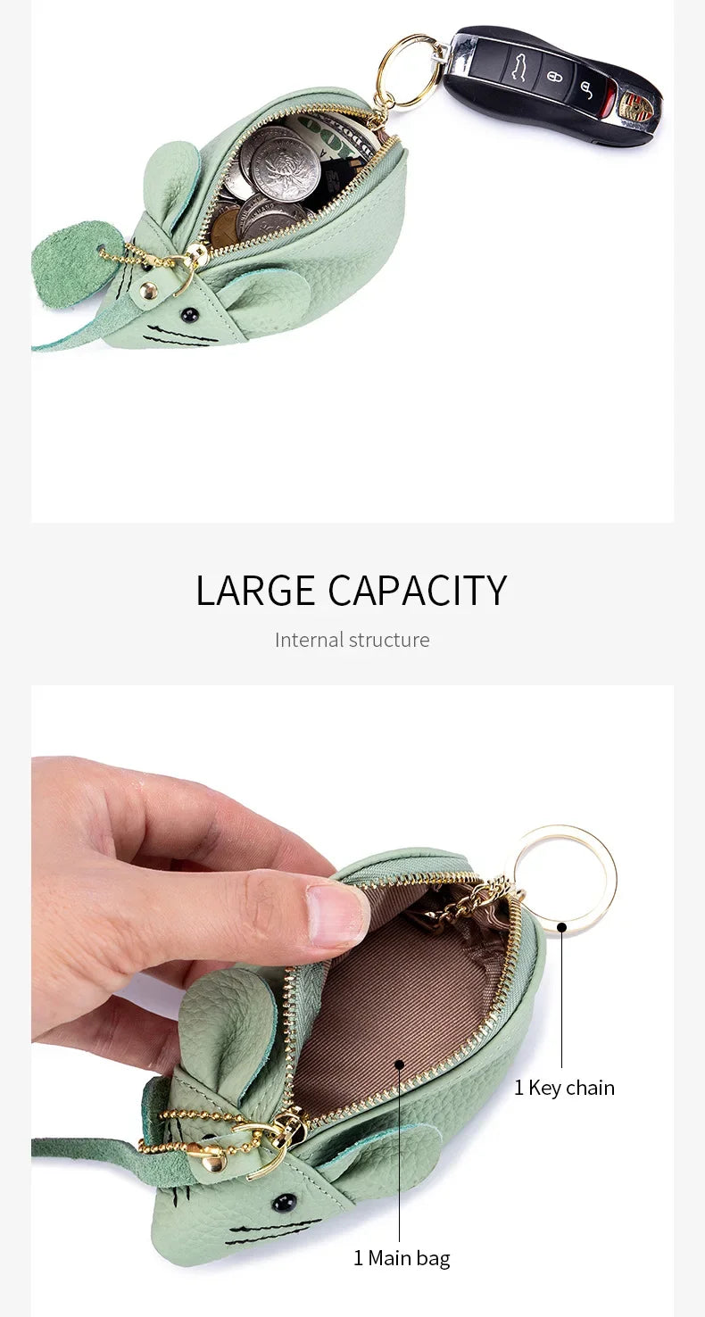 Women's Leather Mini Coin Pouch - Cute Mouse Keyring Lipstick Clutch Bag with Pendant Charm for Gift Essentials