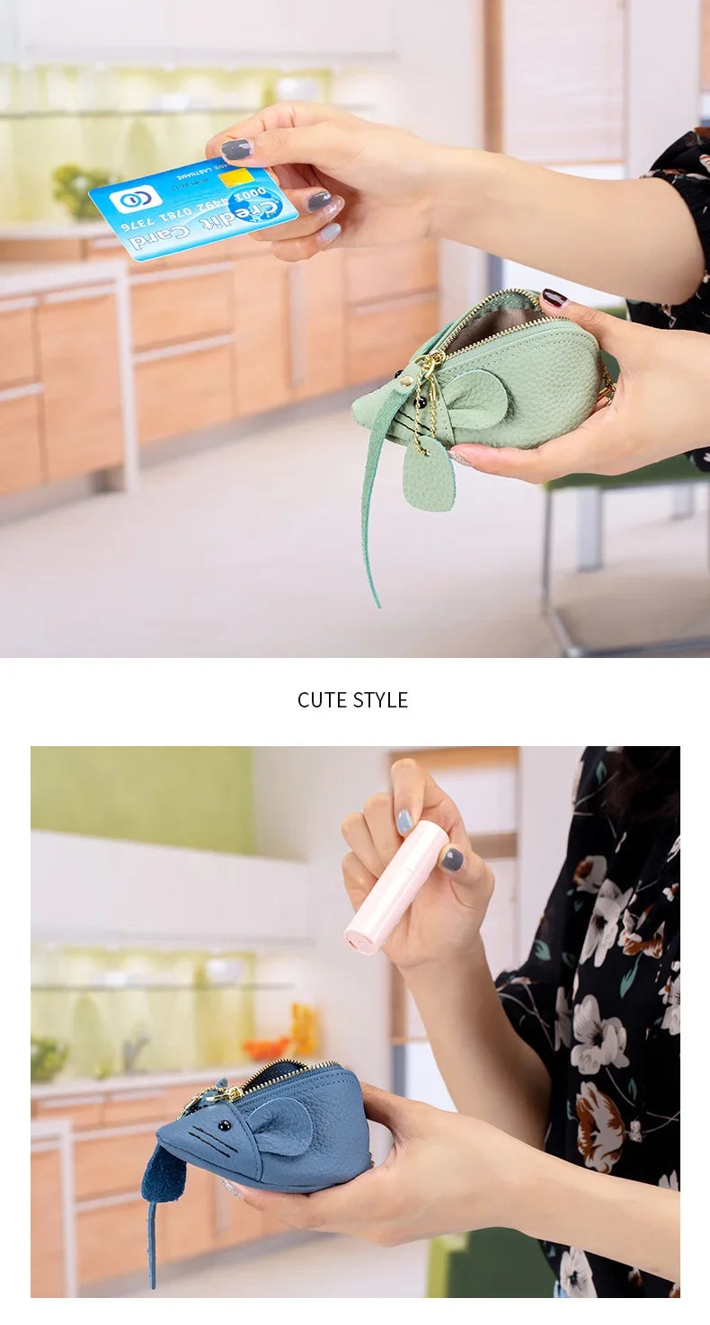 Women's Leather Mini Coin Pouch - Cute Mouse Keyring Lipstick Clutch Bag with Pendant Charm for Gift Essentials