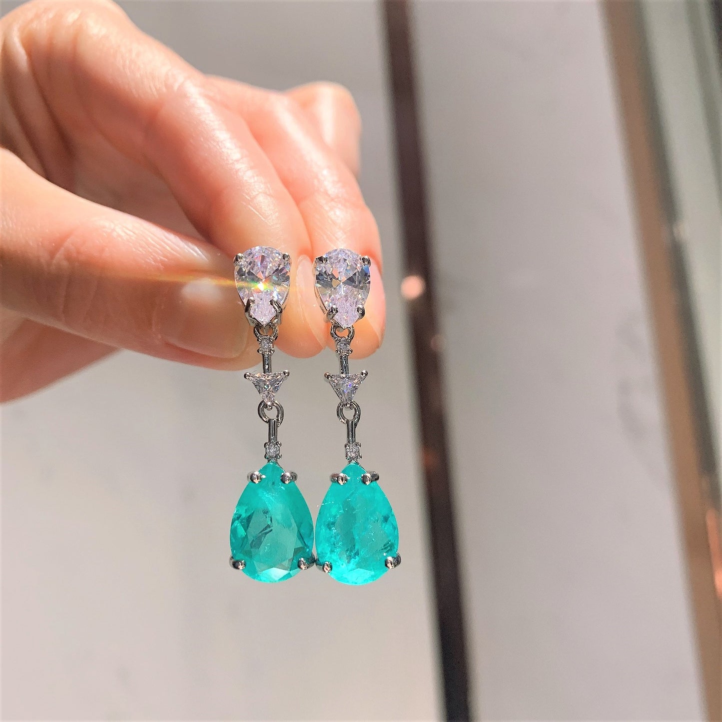 2022 Paraiba Tourmaline Gemstone Long Pendant Necklace Tassel Earrings Wedding Anniversary Fine Jewelry Set Women Birthday Gift