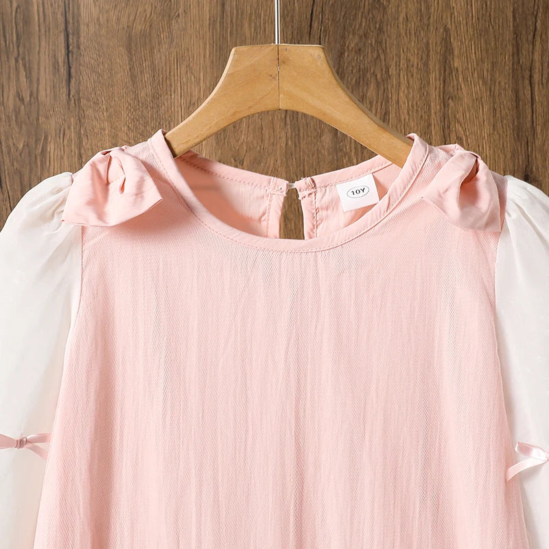 2025 Kids Clothing Autumn New Dress Pink O-Neck Long Sleeve A-Line Dress For Girls 8-12 Years Pretty Princess dress Party Set