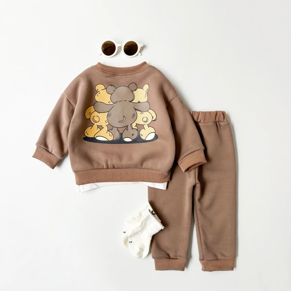 Winter Infan Baby Outfits Boy Girl Sets Velvet Cartoon Little Bear Print Cotton Long Sleeve Tops+Pants Baby  Children Clothing