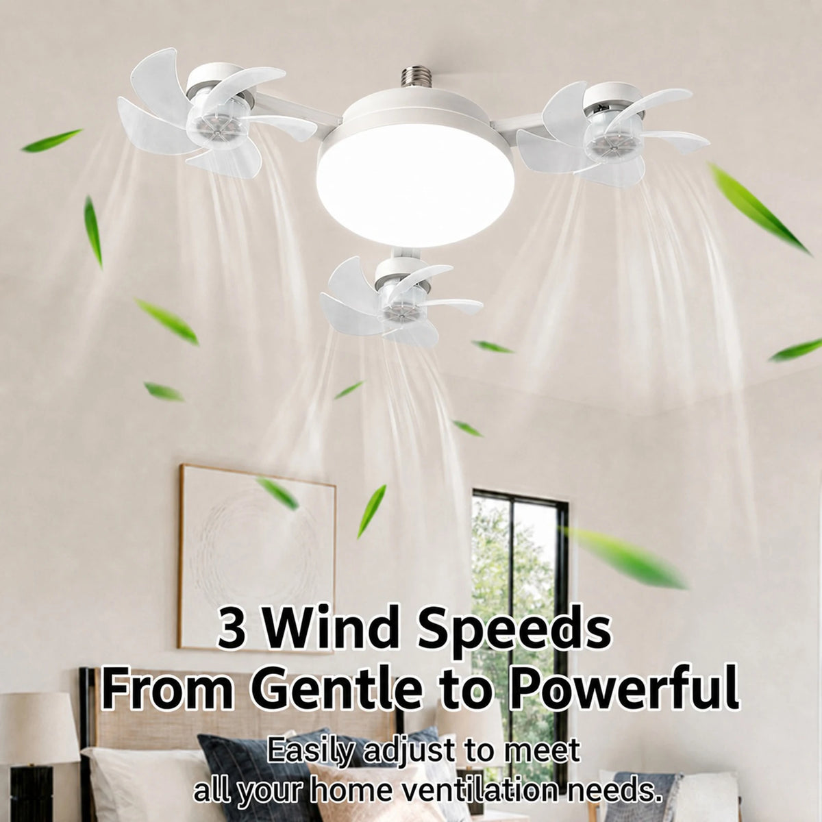 E27 Dimmable LED Socket Drone Fan Light with RC & Extension Rod 2 In 1 Hanging Fans 3-Speed for Bedroom Kitchen Working Space