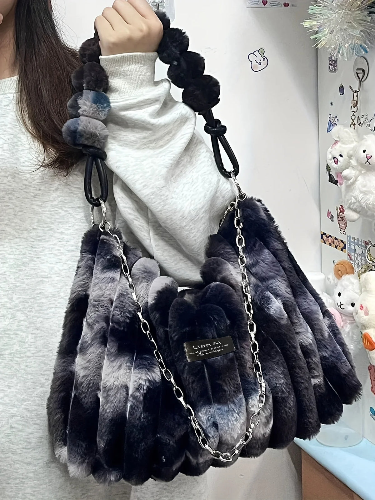 Women's Large Plush Tote Bag with Crossbody/Handheld Carry Soft Striped Plush Exterior Cozy Handbag for, Travel, Everyday Use