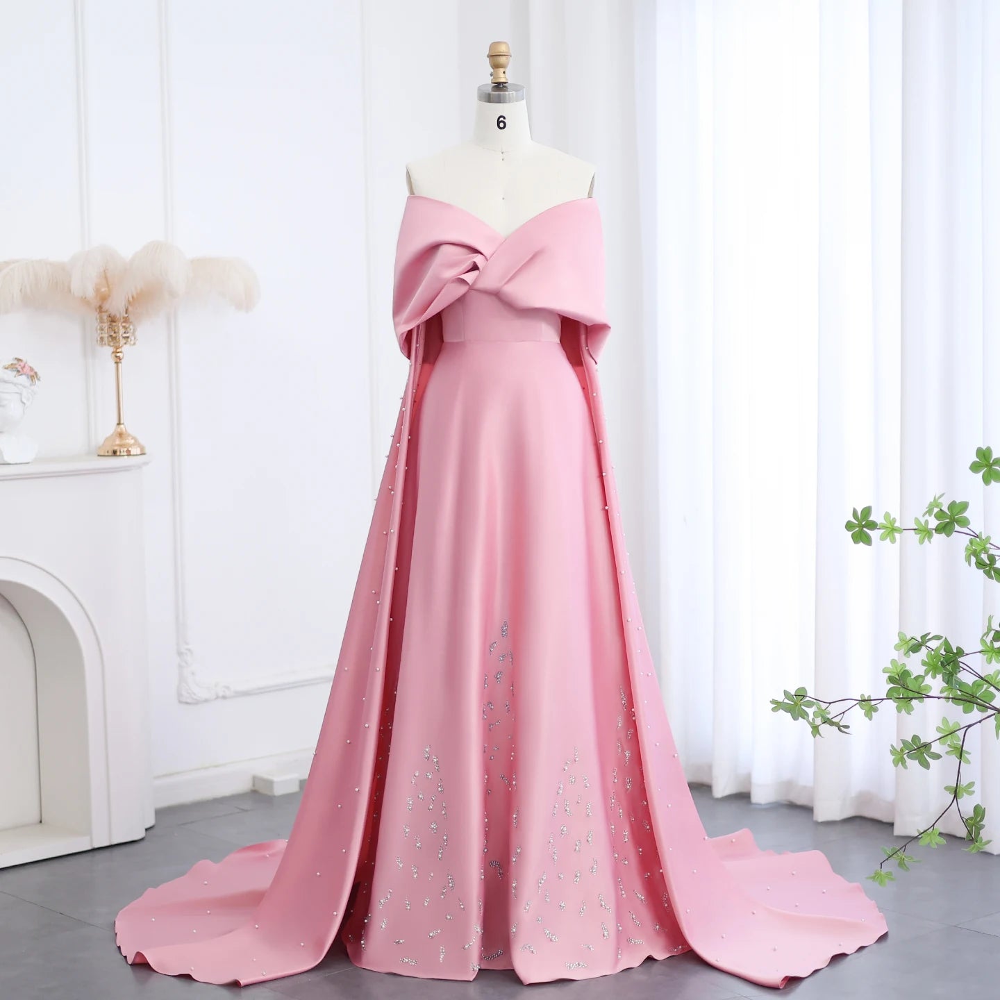 Sharon Said Luxury Dubai Pink Satin Evening Dresses with Train Off Shoulder Arabic for Wedding Party Gowns SS481 Customized