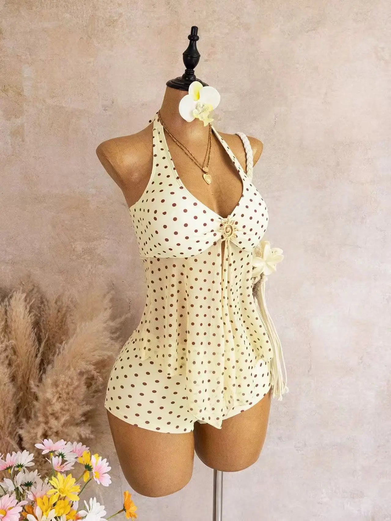 Beige Two Piece Bikini Set 2026 Women Metal Sun Ornament Mesh Tank Top High Waist Swimsuit Holiday Bathing Suit Swimwear