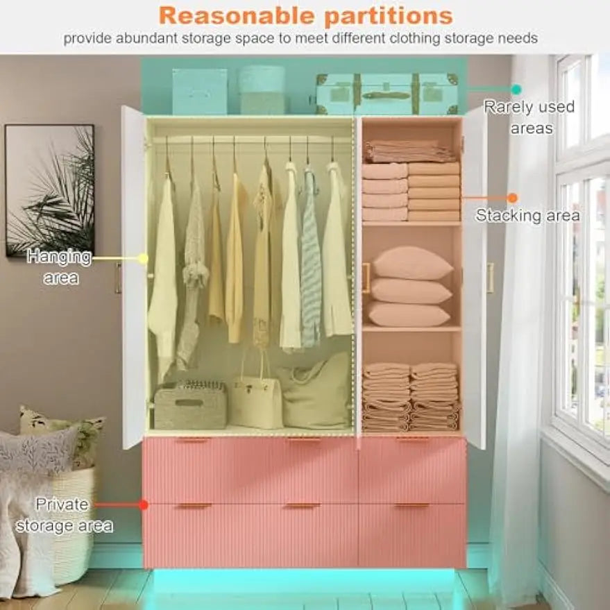 Armoire Wardrobe Closet with 3 Door, Bedroom Armoires with Mirror and LED Lights, Hanging Rod, Drawers