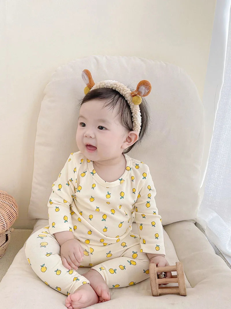  Fall Baby Pajamas Set 0-3Y Girls Lemon Printed Sleepwear 2Pcs Infant Boys Underwear High Waist Belly Protection Home Clothes