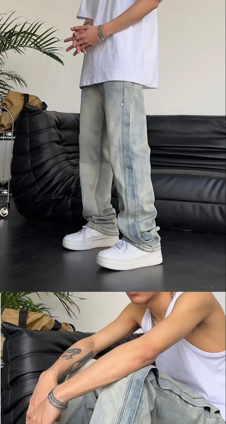 Jeans for Men Loose Light Blue Baggy Straight Man Cowboy Pants Punk Spliced Y2k Vintage Trousers 2025 Korean Autumn Trend Cotton