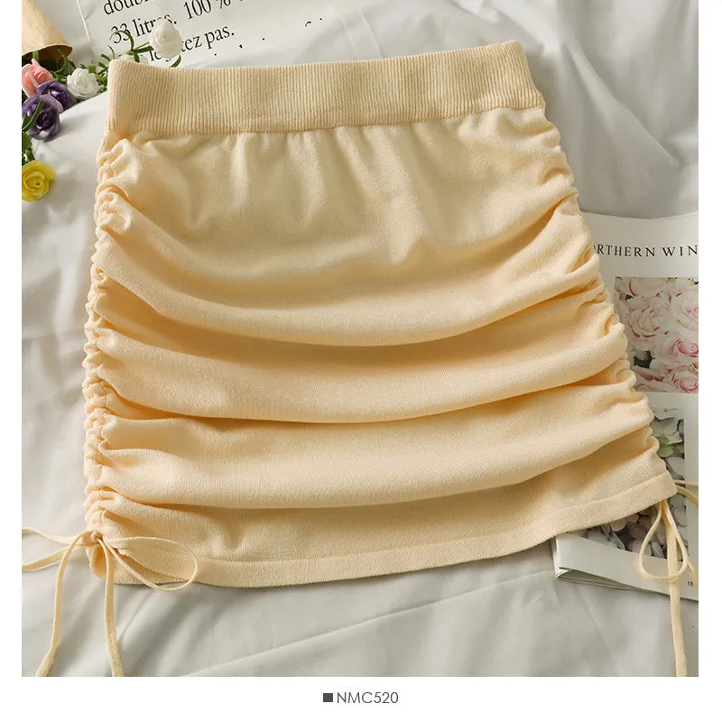 Women's High Waist Ruched Drawstring Bodycon Mini Skirt Stretchy Knit Casual Party Clubwear Summer Bodycon Short Skirt
