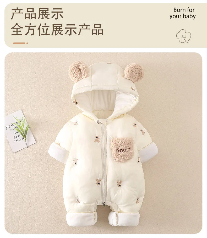 AYNIGIELL Winter Baby Jumpsuit Thick Warm Infant Hooded Inside Fleece Rompers Newborn Boy Girl Overalls Outerwear Baby Sets
