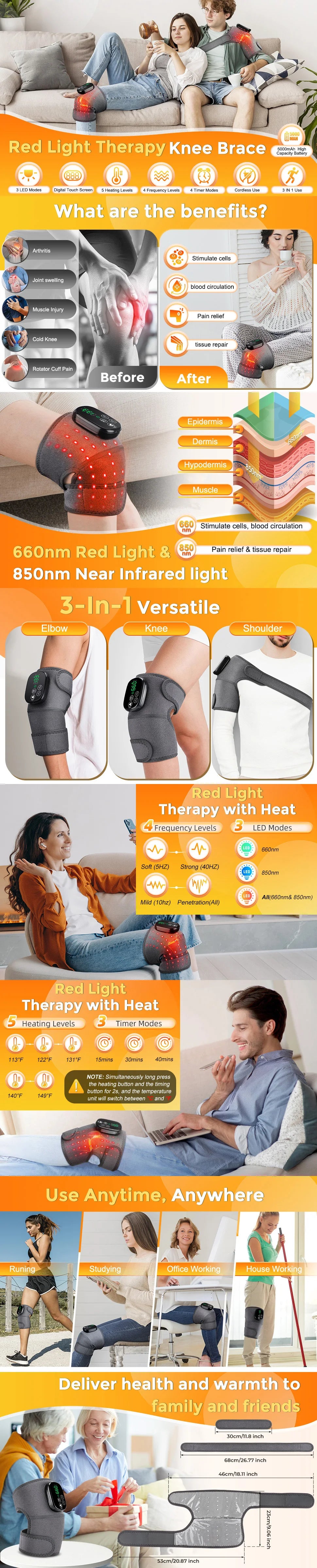 3 in 1 Heating Pad Shoulder Knee Elbow Brace for Arthritis Hot Compresss Joint Massage Strap Promote Blood Circulation Kneepad
