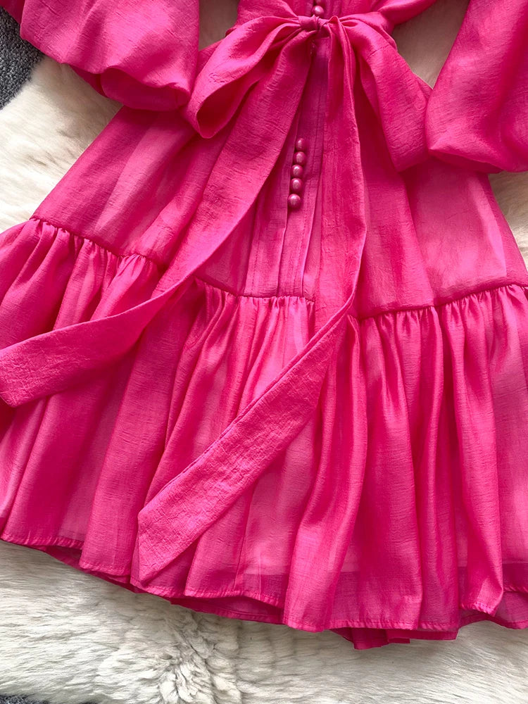 Summer Women's Puff Sleeve Shirt Dress Fashion Beach Vacation Party Birthday Blue White Exquisite Chiffon Mid Length Dress B06