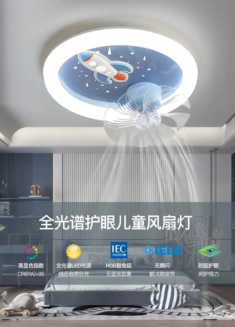 Modern Kids Room Ceiling Fan Light Cartoon Moon Astronaut Ceiling Lamp Boy Girl Bedroom Nursery Study Chandelier Ceiling Lights