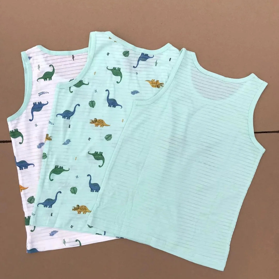 Boy Green Dino Prints Tank Shirt Children Cotton Underwear Kids Undershirts Breathable Tank Tops Size 3-12T Summer Home wear