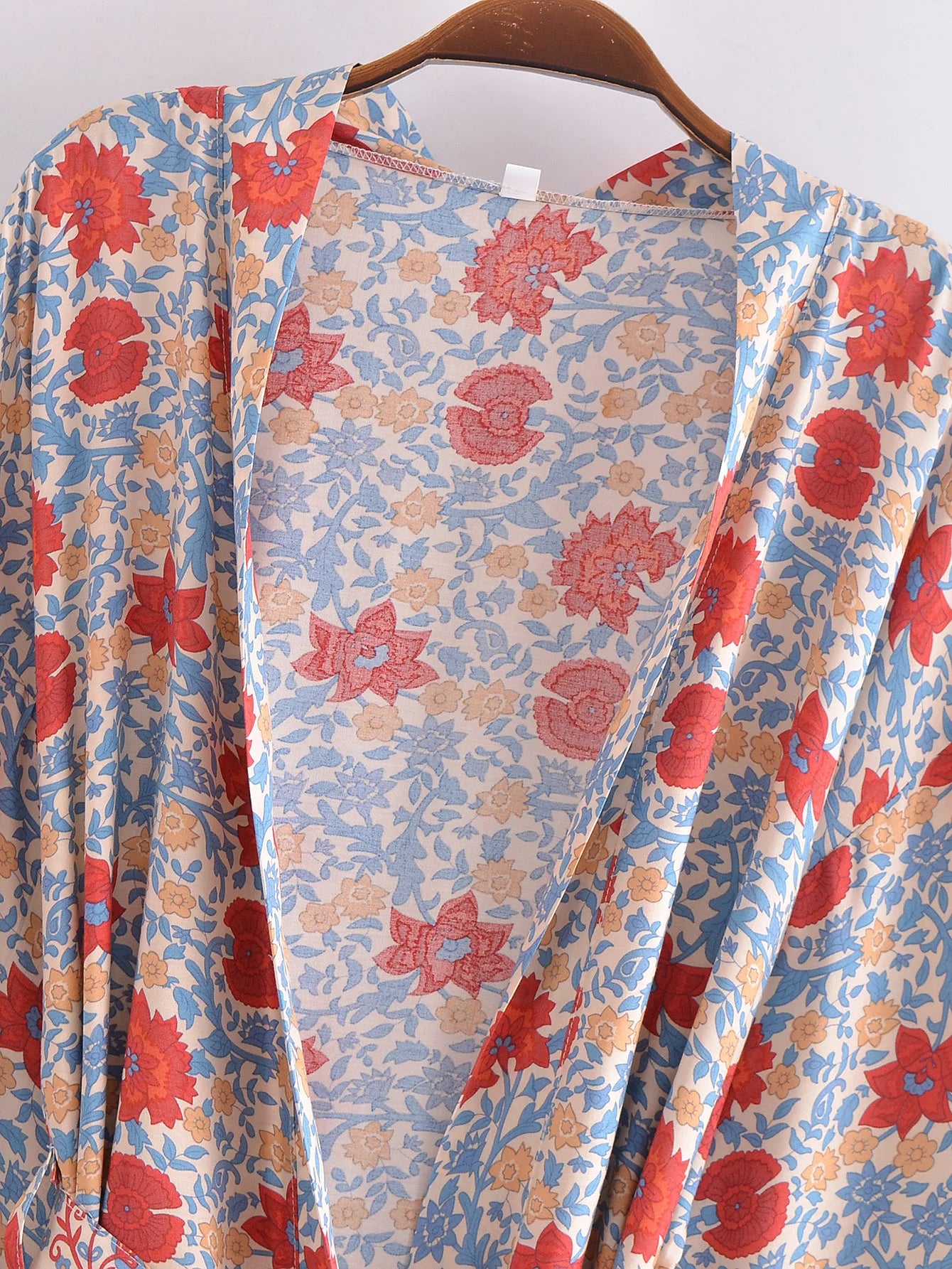 BOHO Women Blue With Pink Flower Print Kimono Shirt Holiday Tide Bow Sashes Mid Long Cardigan Summer Blouse Beach Cape