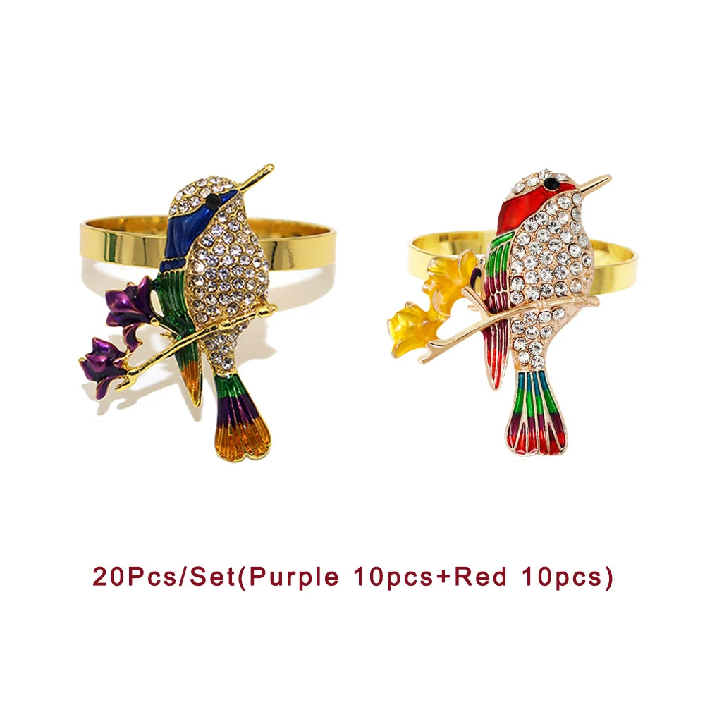 20Pcs Crystal Bird Tree Branch Napkin Rings Rhinestone Hummingbird Animal Napkin Holder for Christmas Wedding Dinner Party Decor