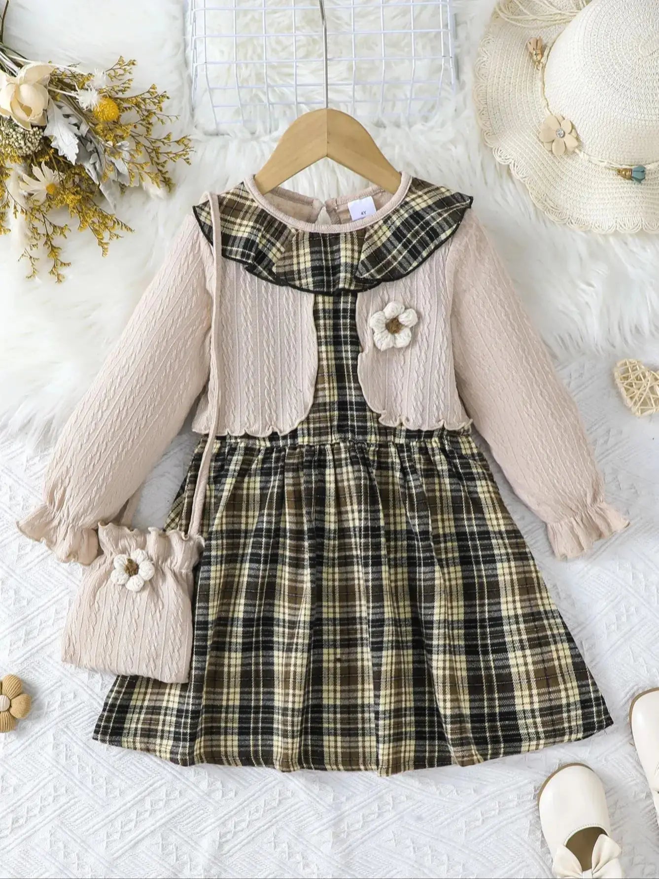 2pcs girls' Fried Dough Twists stitching plaid fake two round neck long sleeve dresses with bags, suitable for autumn and winter